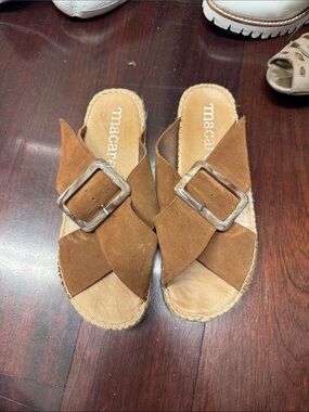 Macarena Brown Suede Buckle Crossover Slide Mules